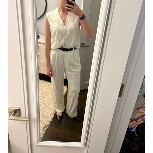 DONNI Off-White Stripe Pinstripe Linen Pleated Trousers Pants Size Large - Picture 6 of 15